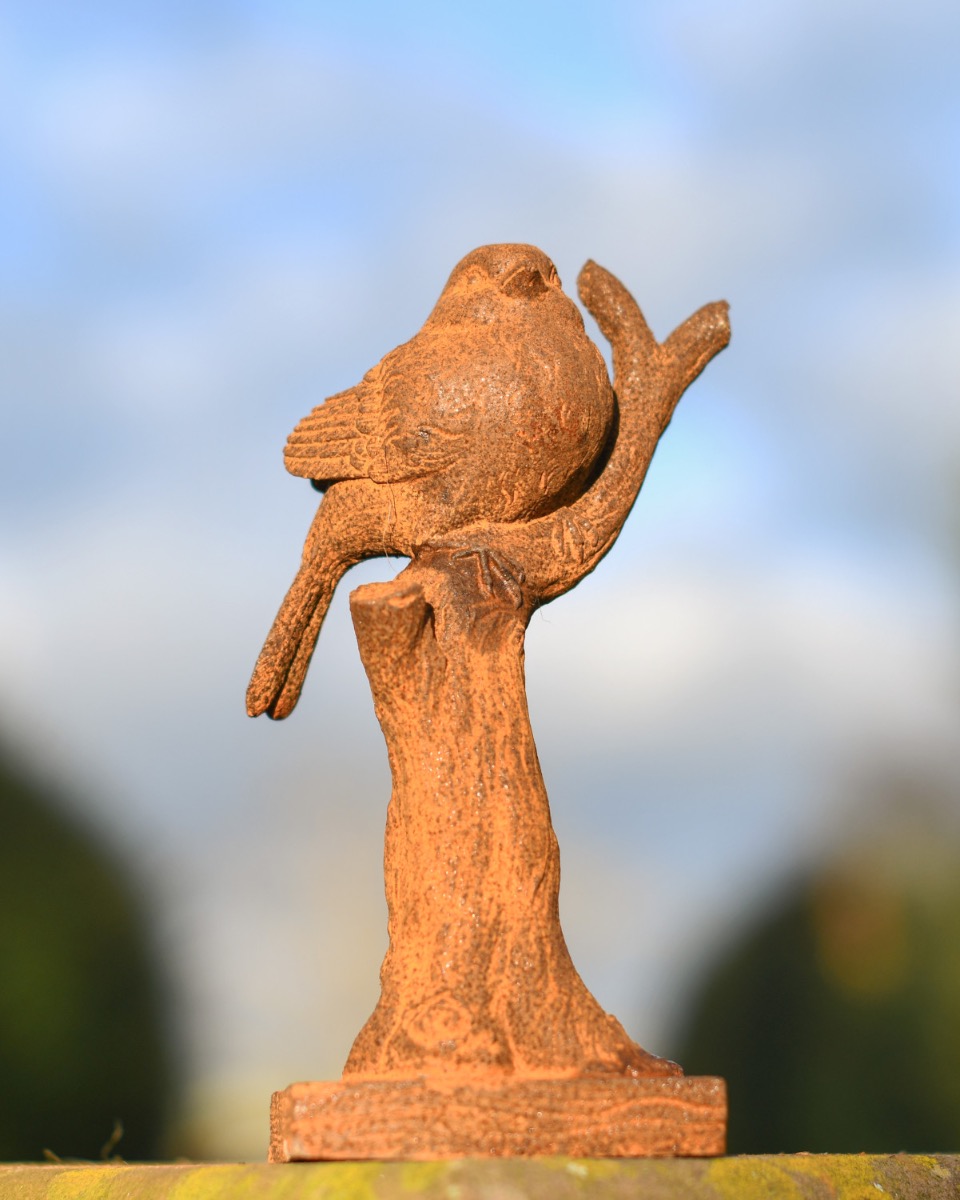Rustic Cast Iron Bird On A Branch Sculpture