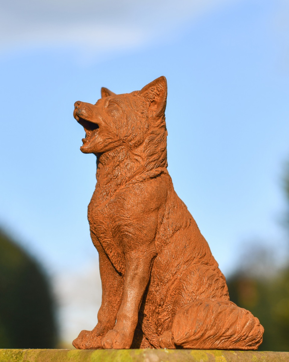 Rustic Cast Iron Howling Fox Sculpture