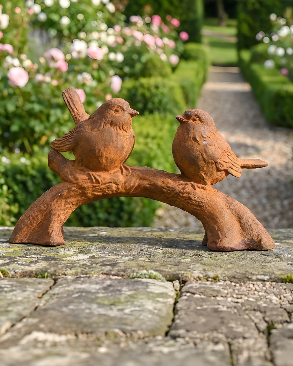 Rustic Cast Iron Lovebirds Sculpture