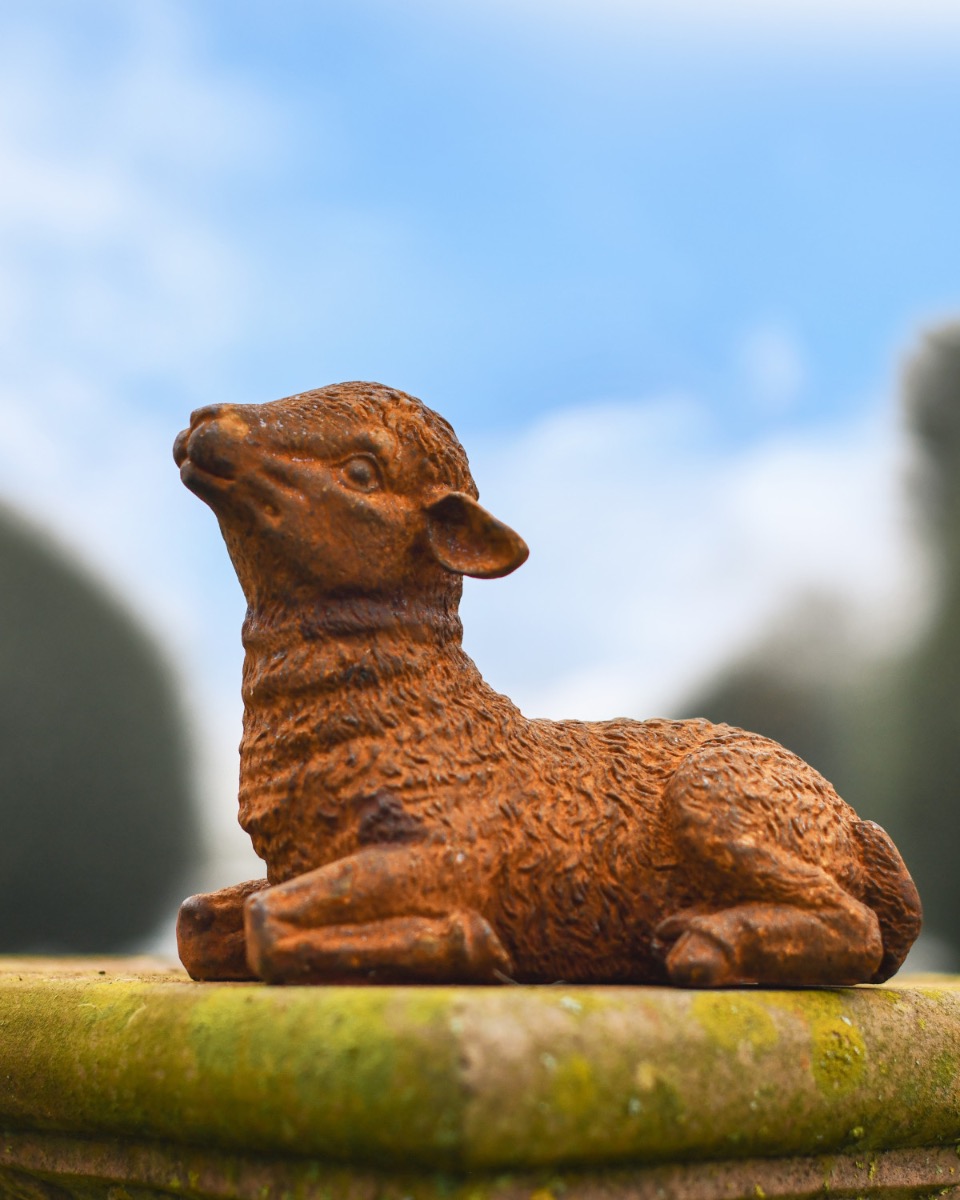 Rustic Cast Iron Lying Lamb Sculpture