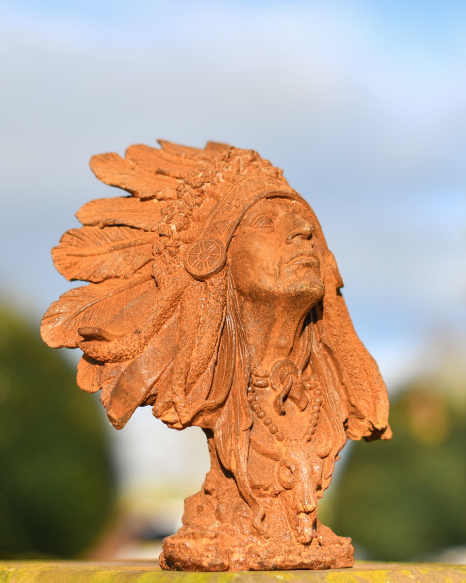 Rustic Cast Iron Native American Bust Sculpture
