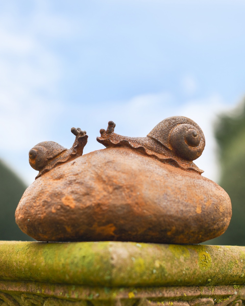 Rustic Cast Iron Snails on a Rock Sculpture