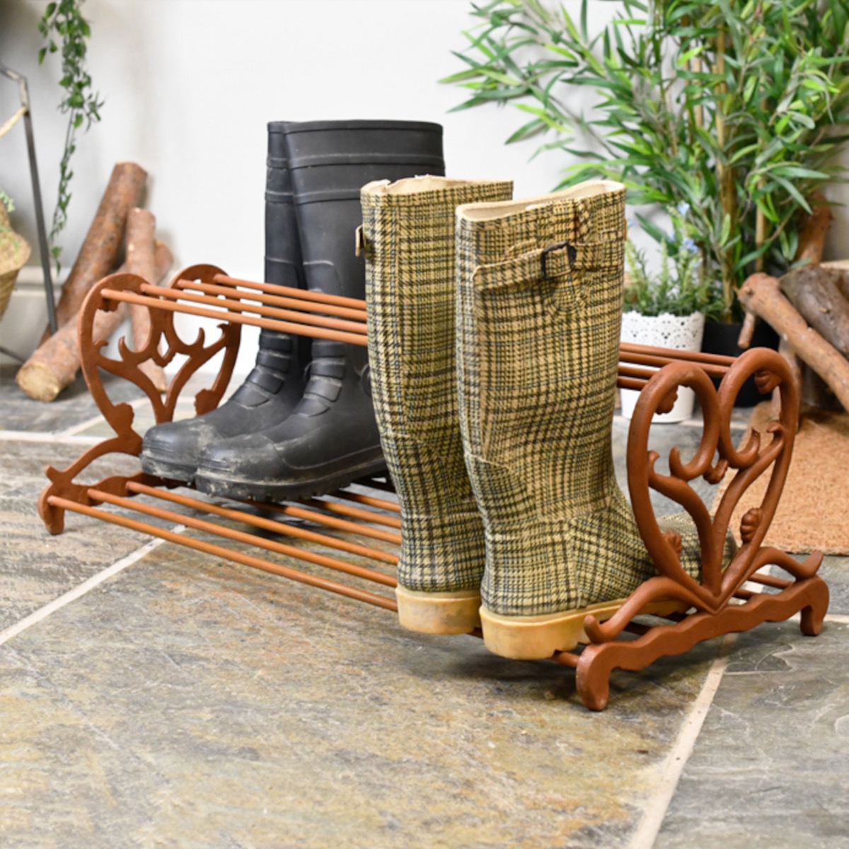 Rustic Cast Iron Heart Shoe & Welly Stand (Clearance) In Situ