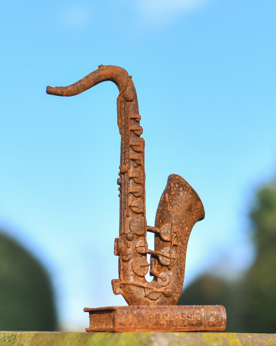 Rustic Cast Iron Saxophone Sculpture