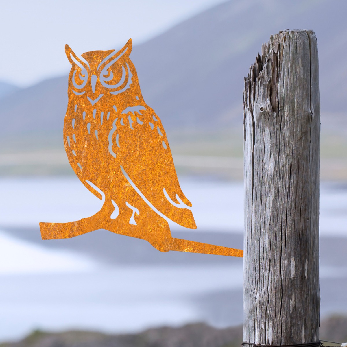 Steel Great Horned Owl Tree Spike In Rustic