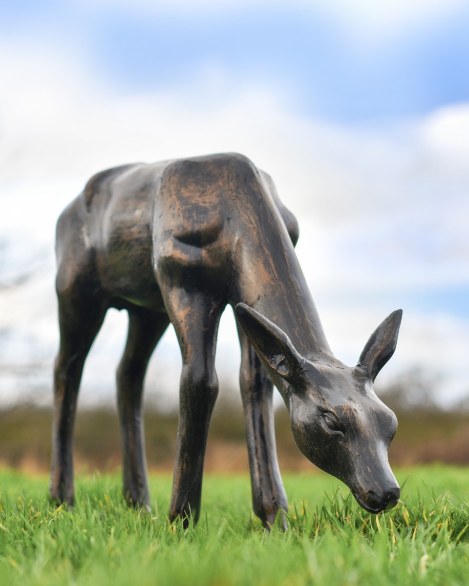 "Eden" Grazing Doe Brushed Bronze Sculpture