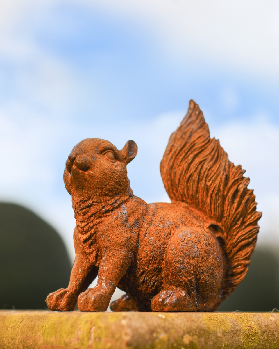 Rustic Cast Iron Poised Squirrel Sculpture