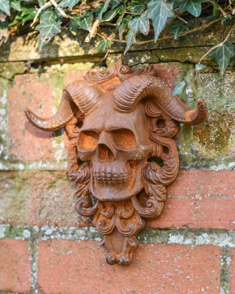 Rustic Cast Iron "Amun-Re" Skull Sculpture In Situ