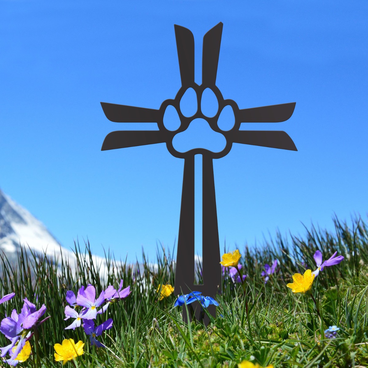 Steel Black Paw Print & Cross Grave Marker