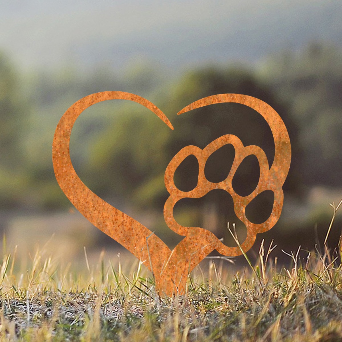 Steel Rustic Heart & Paw Print Grave Marker