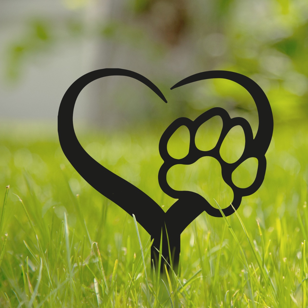 Steel Black Heart & Paw Print Grave Marker
