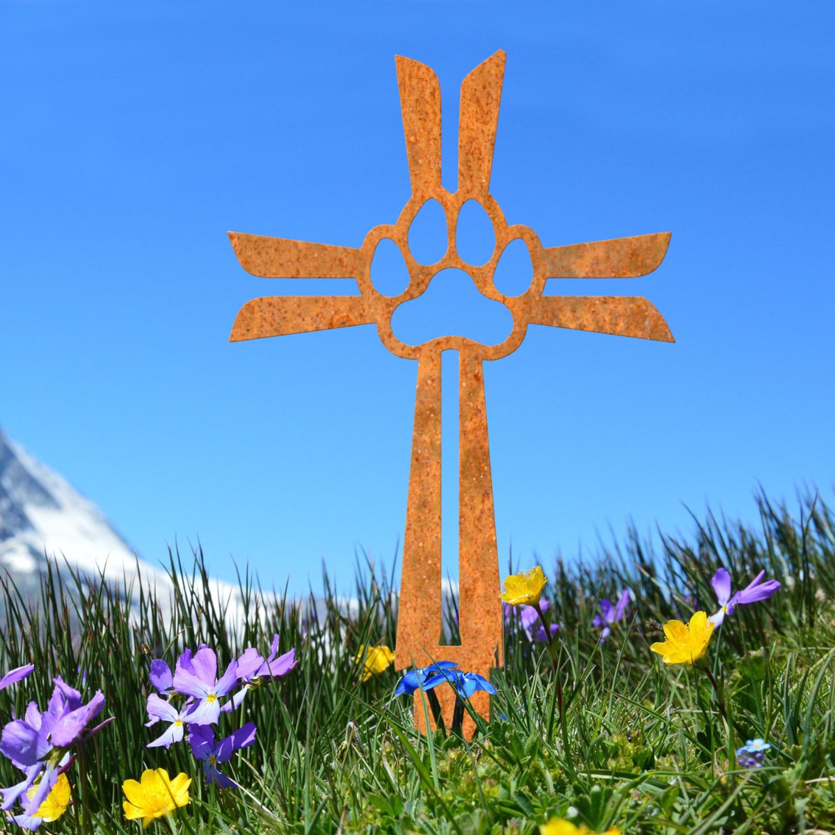 Steel Rustic Paw Print & Cross Grave Marker