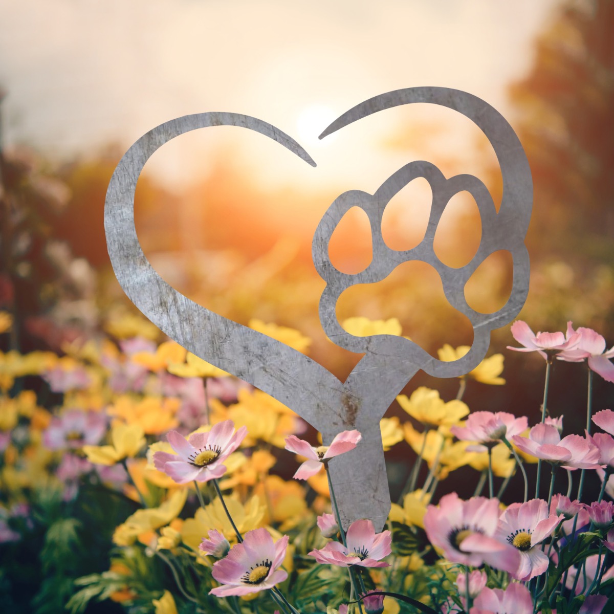 Unfinished Steel Heart & Paw Print Grave Marker