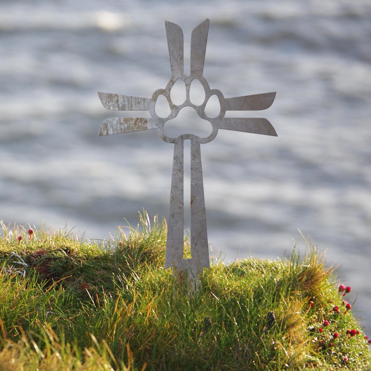 Unfinished Steel Paw Print & Cross Grave Marker