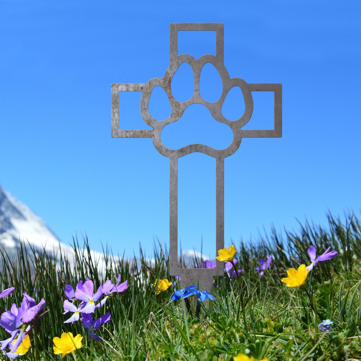 Unfinished Steel Paw Print & Cross Outline Grave Marker