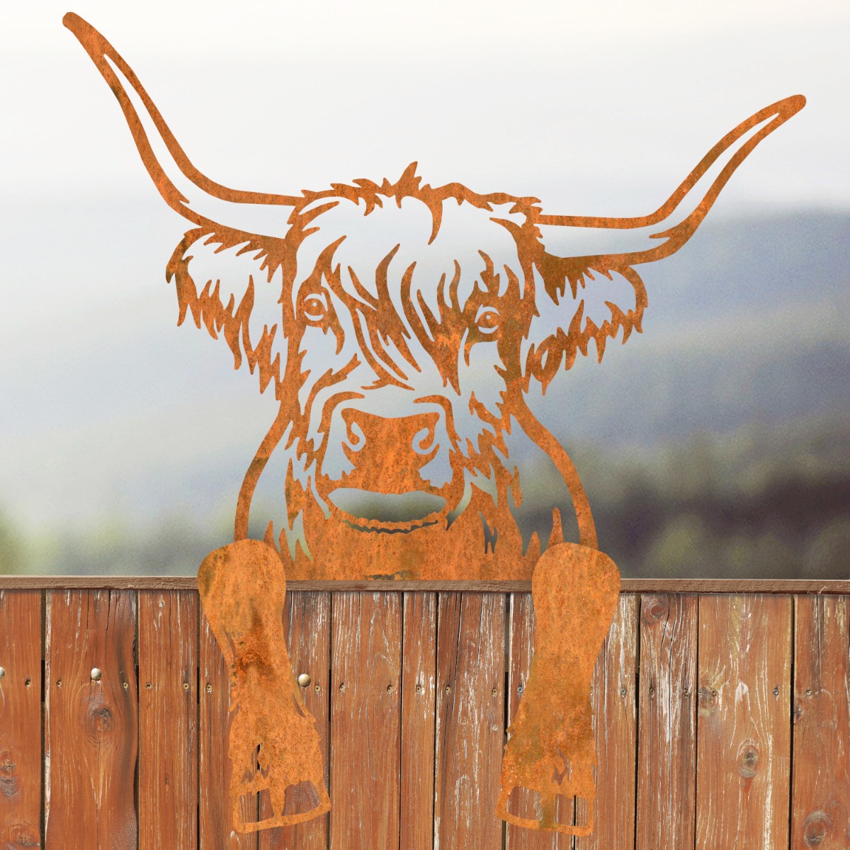 Highland Cow Fence Topper In Rustic