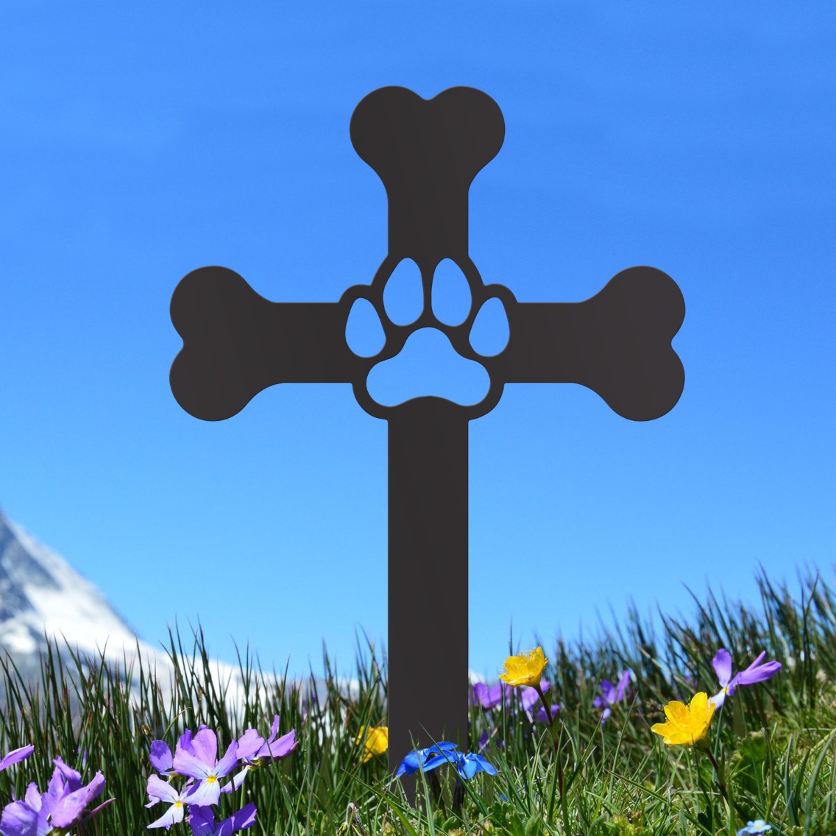 Steel Black Bone Cross & Paw Grave Marker