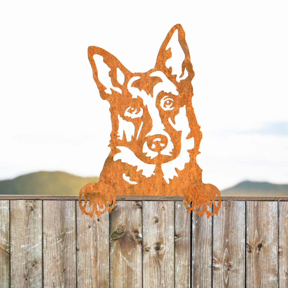Steel German Shepherd Fence Topper In Rustic