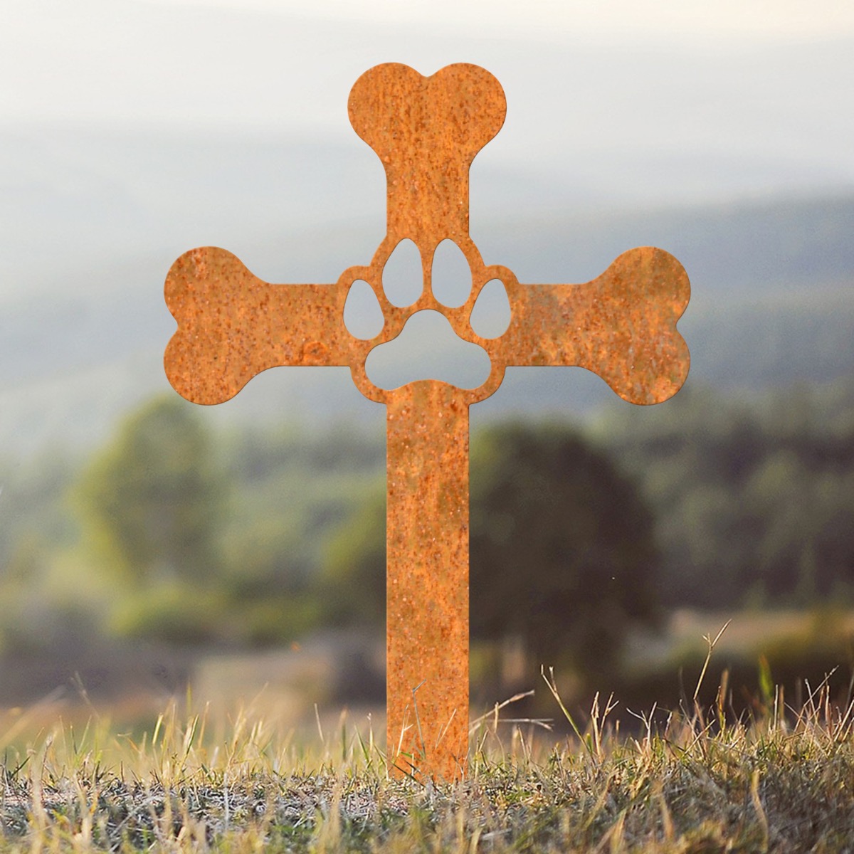 Steel Rustic Bone Cross & Paw Grave Marker