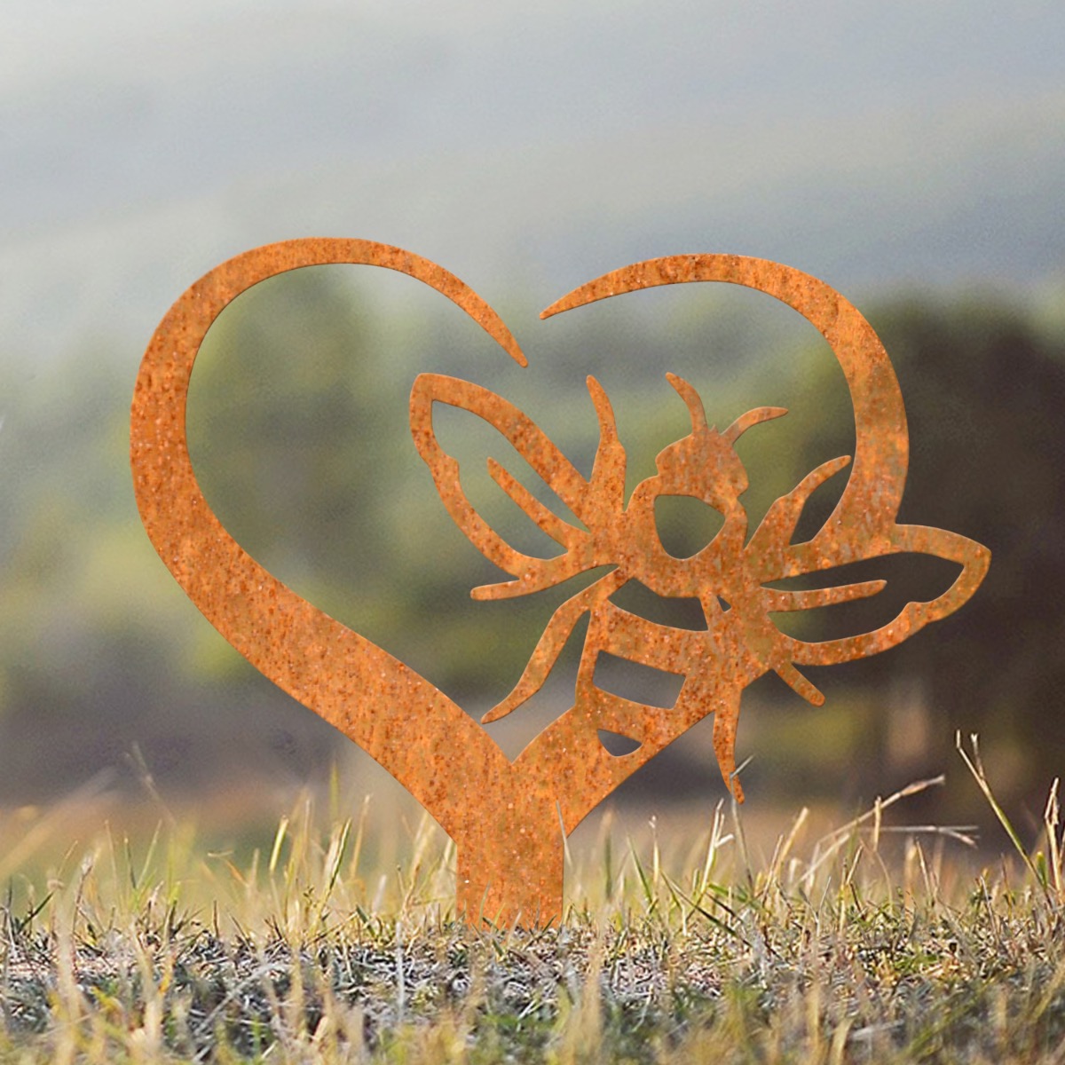 Steel Rustic Heart & Bee Grave Marker