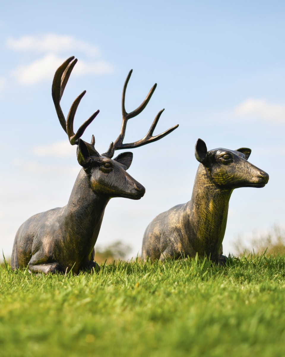 "Baldor & River" Pair Of Cast Aluminium Lying Deer