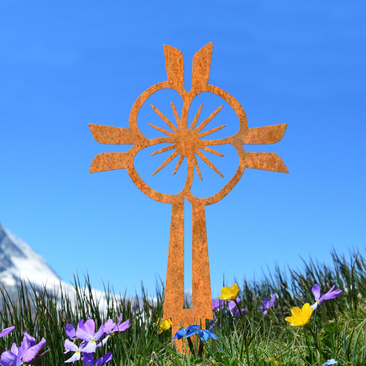 Steel Poppy & Cross Ground Spike In Rustic
