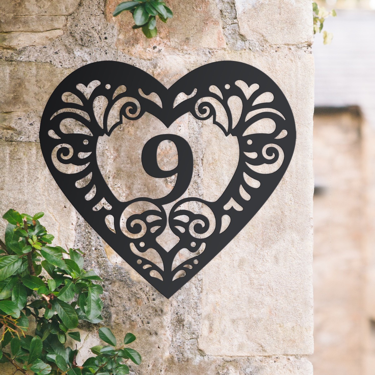Ornate Scrolled Heart Steel House Number Sign