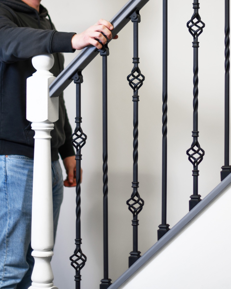 Scale Shot with our Set of 2 Steel "Albury & Redbridge" Stair Spindles in Matte Black (Pattern 7)