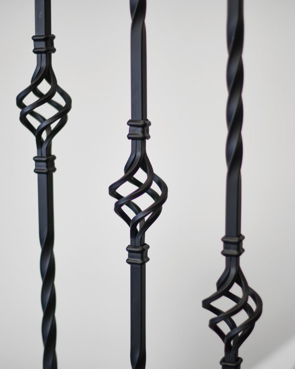 Close up of Set of 2 Steel "Lindley & Albury" Stair Spindles in Matte Black (Pattern 6)