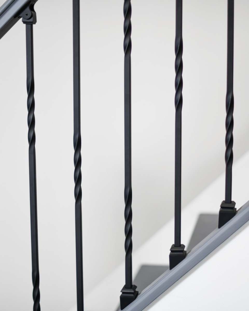 Set of 2 Steel "Redbridge & Trinity" Stair Spindles in Matte Black (Pattern 4) Spindles on the Stairs