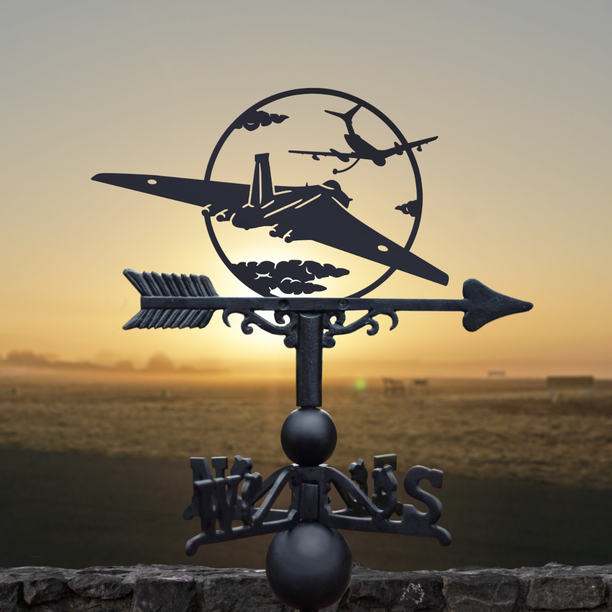 Cast Iron & Steel Vulcan Bomber & Victor Aircraft Refuelling Weathervane in a Sunset Setting