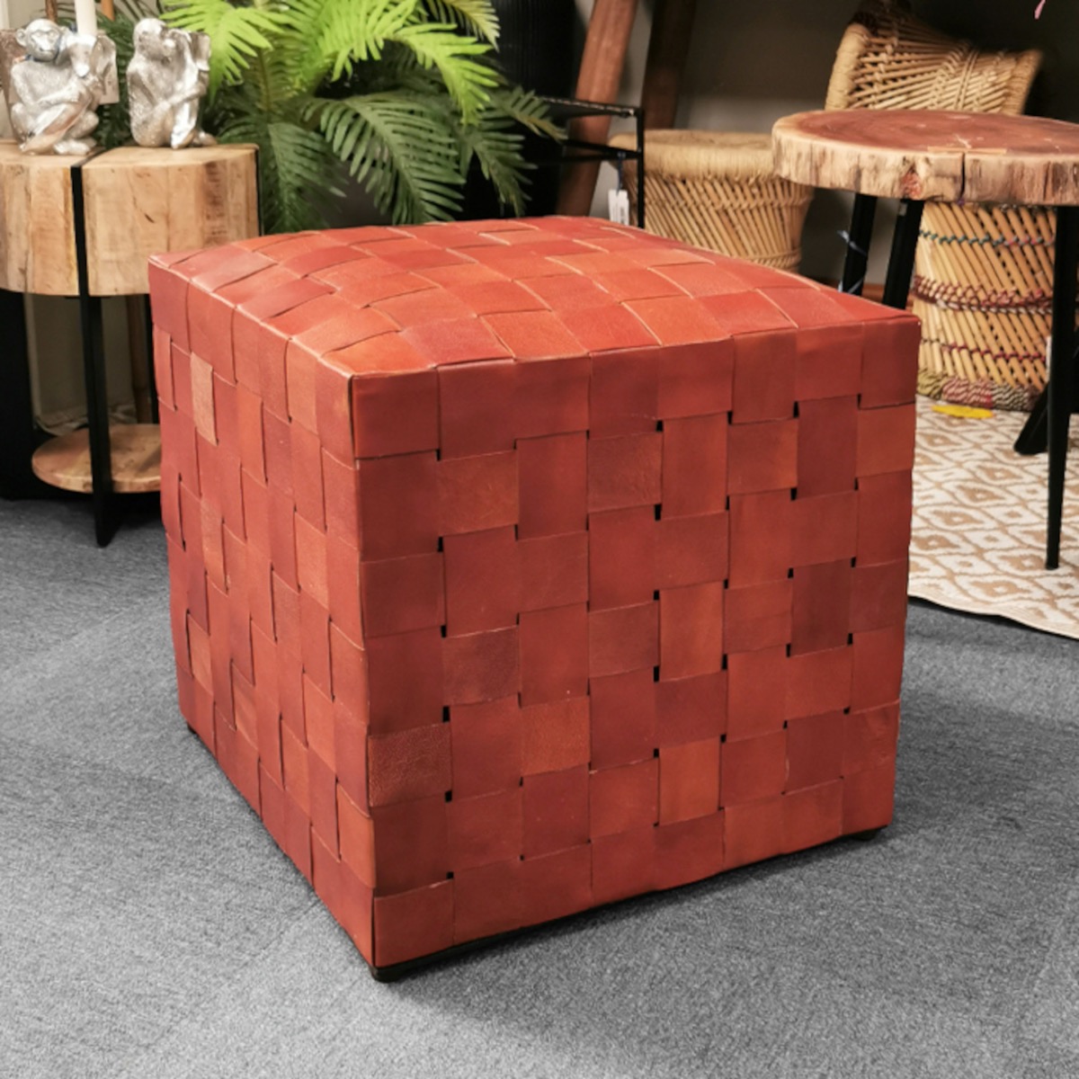 Woven Brown Leather Square Pouffe