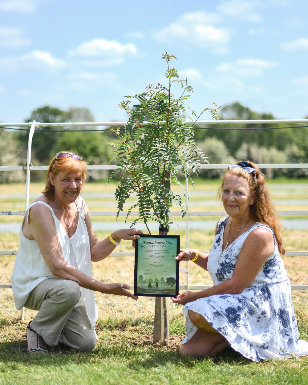 Linda Hollinshead with her Tree on a Sunny Day