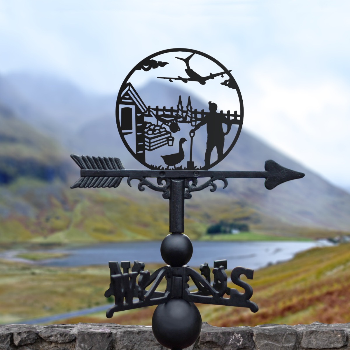 Cast Iron & Steel Plane-Spotting Man & Goose Weathervane in a Rainy Setting