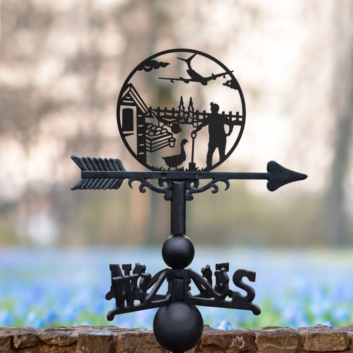 Cast Iron & Steel Plane-Spotting Man & Goose Weathervane in a Wildflower Setting