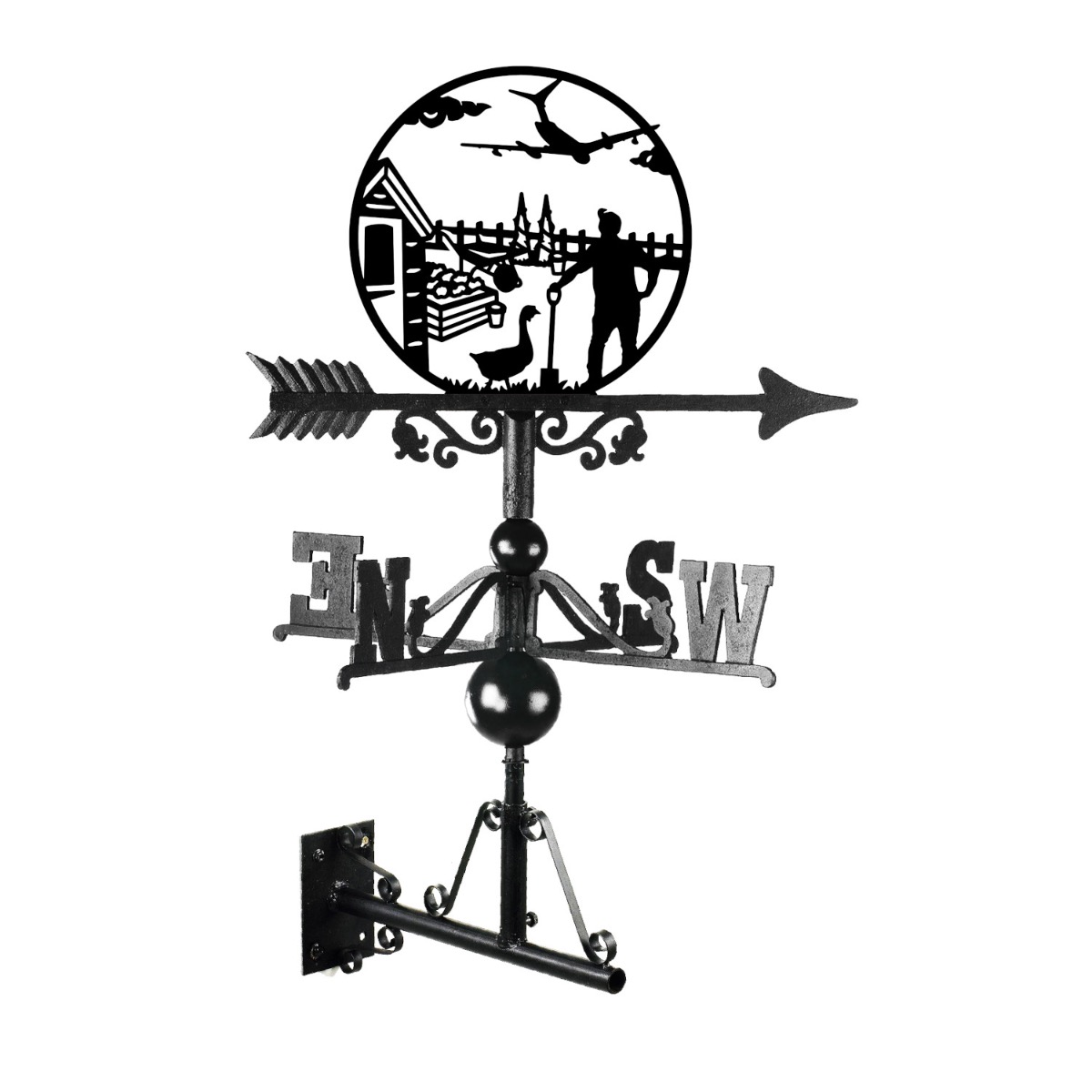 Cast Iron & Steel Plane-Spotting Man & Goose Weathervane on a White Background