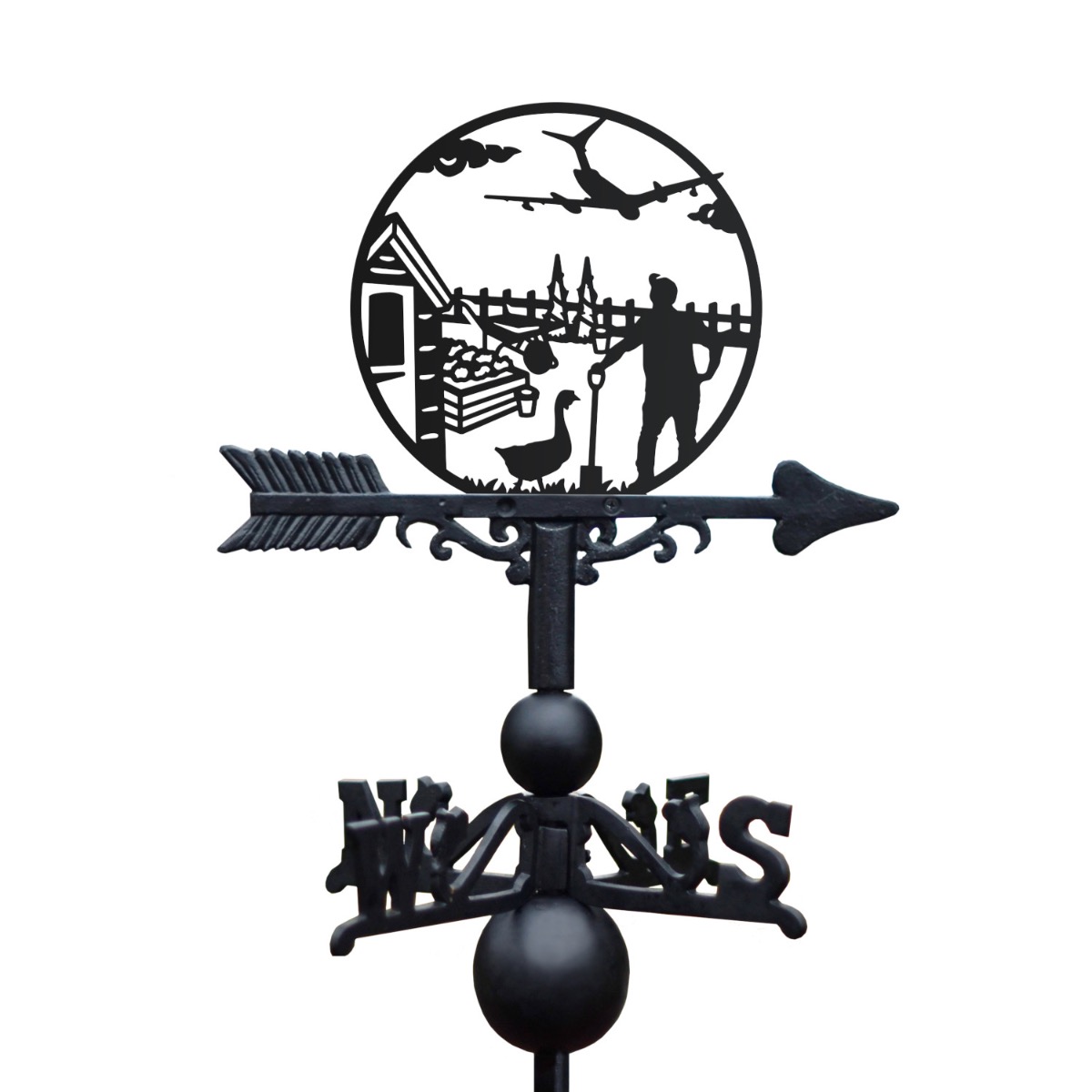 CLose up of Cast Iron & Steel Plane-Spotting Man & Goose Weathervane Topper