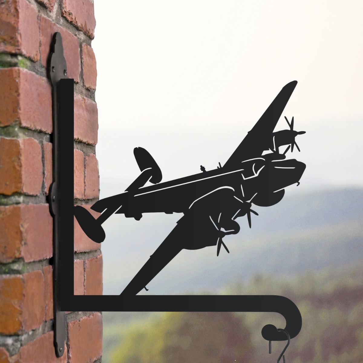 Steel RAF Shackleton Plane Hanging Basket Bracket in a Cloudy Setting