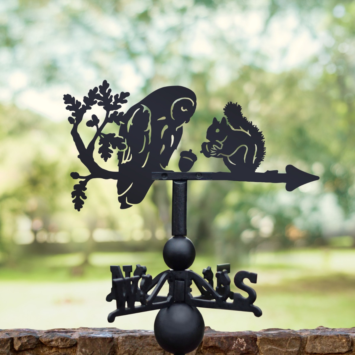 Cast Iron & Steel Owl, Squirrel & Acorn Weathervane in a Park Setting