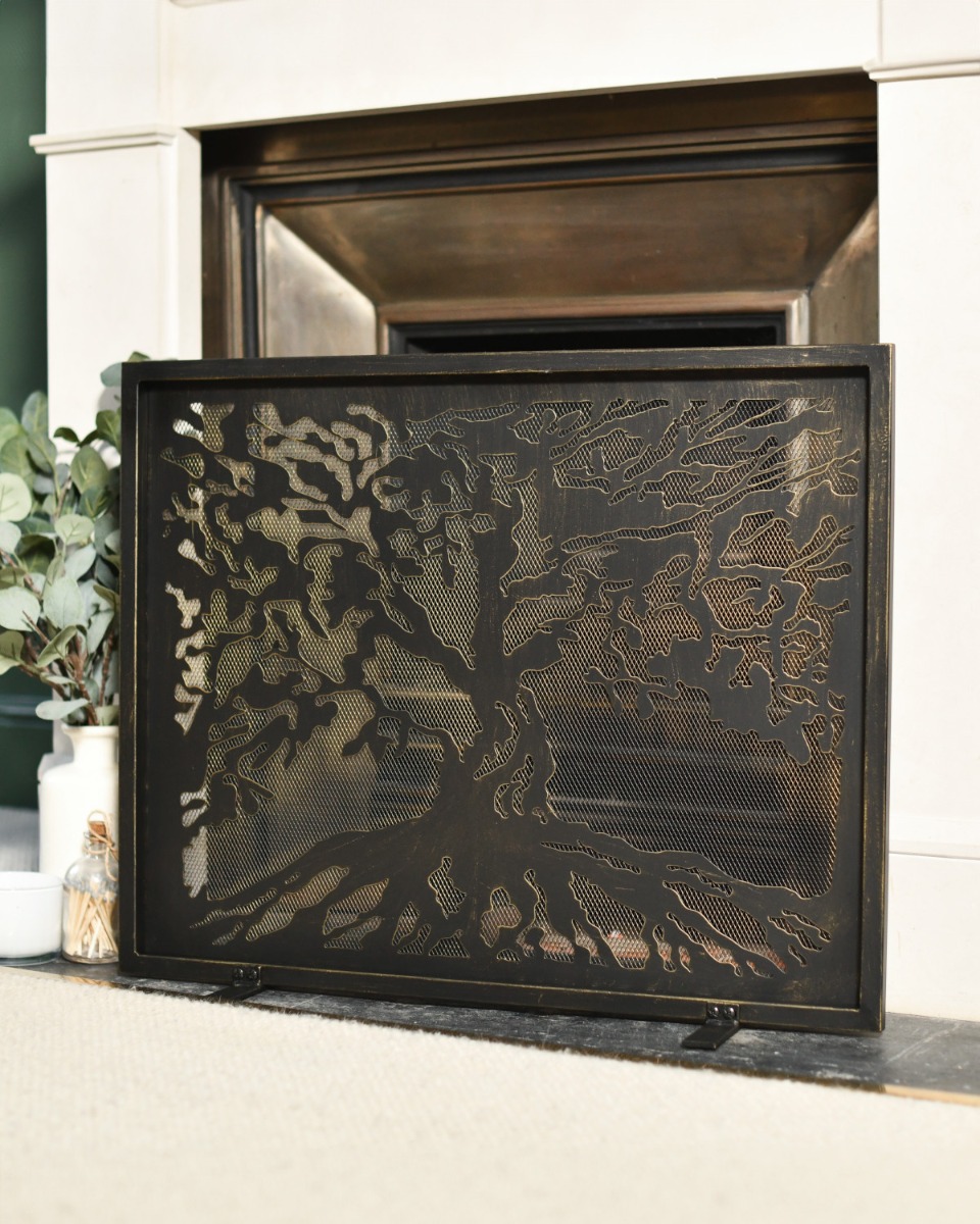 "Tree of Life" Brushed Gold Fire Guard in Situ