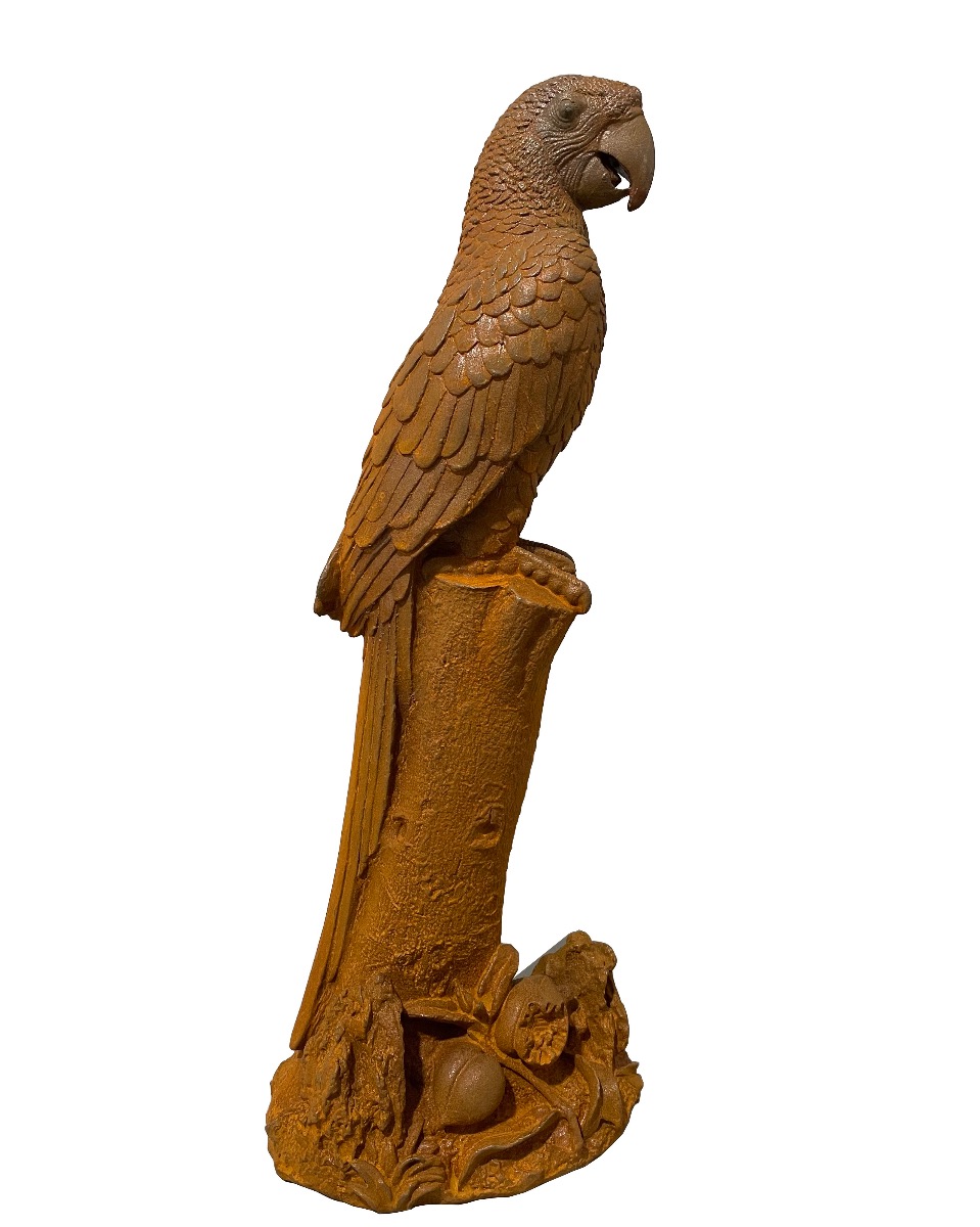 Rustic Cast Iron Perching Parrot Sculpture