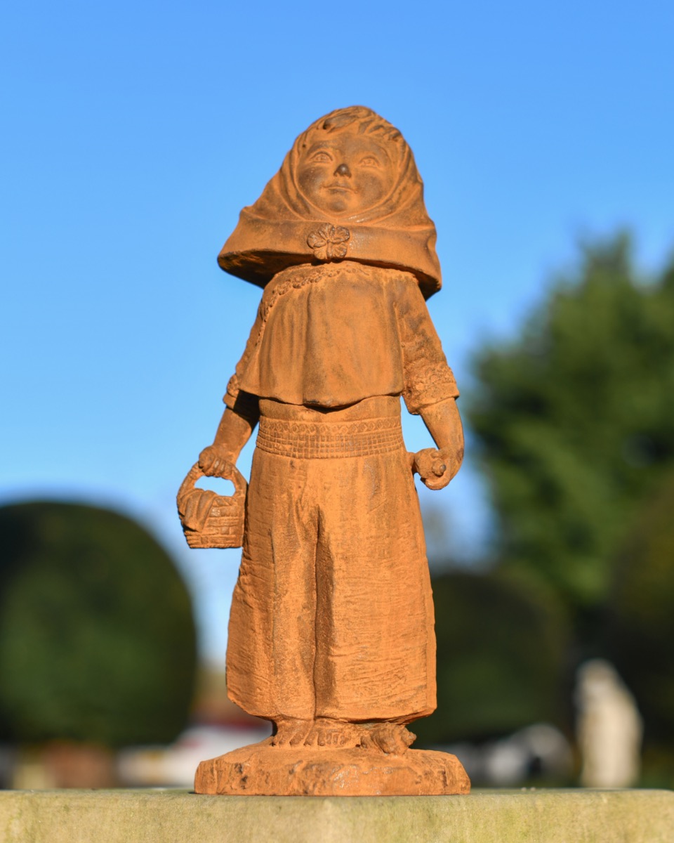 Rustic Cast Iron Girl Collecting Shells Sculpture