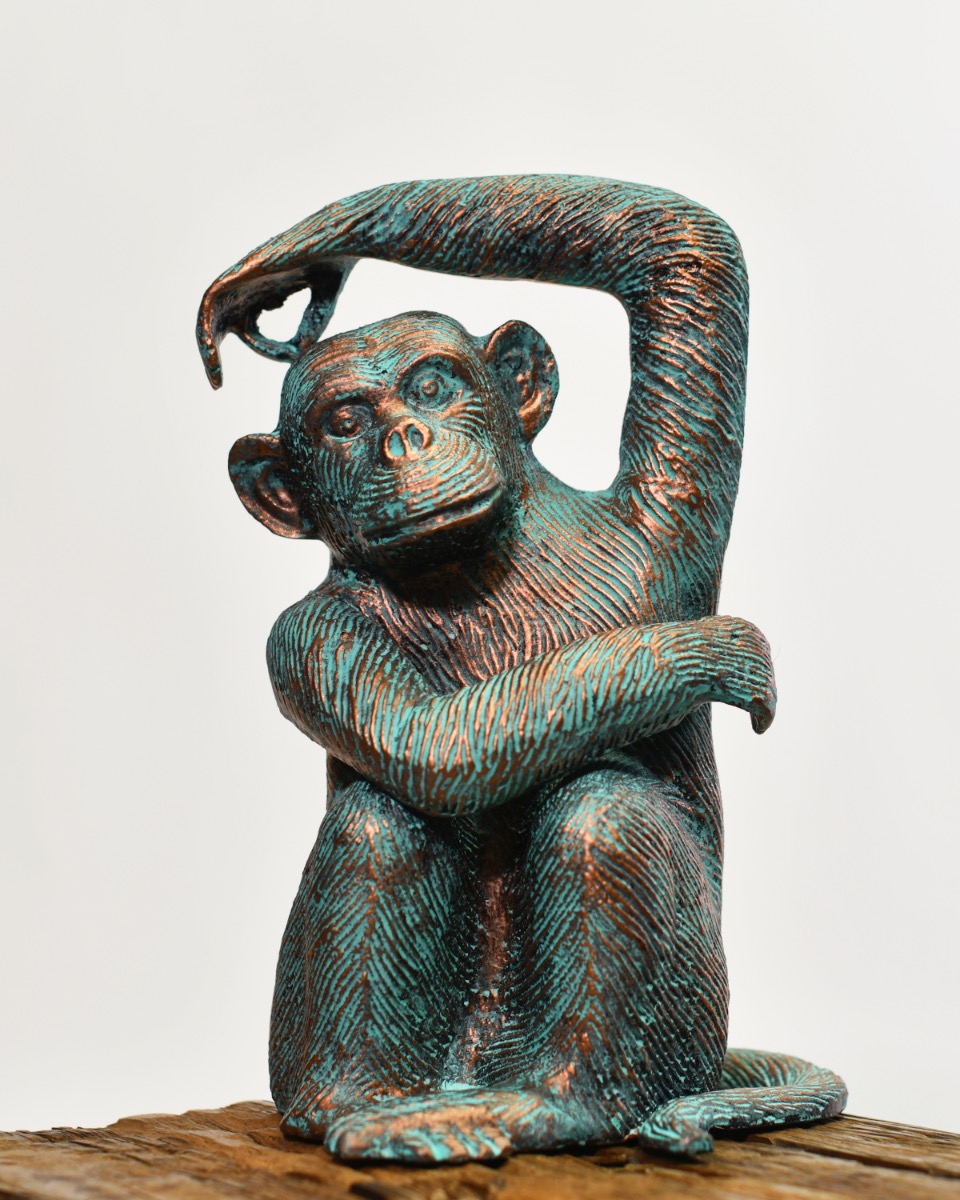 Aged Verdigris Sitting Chimpanzee Sculpture
