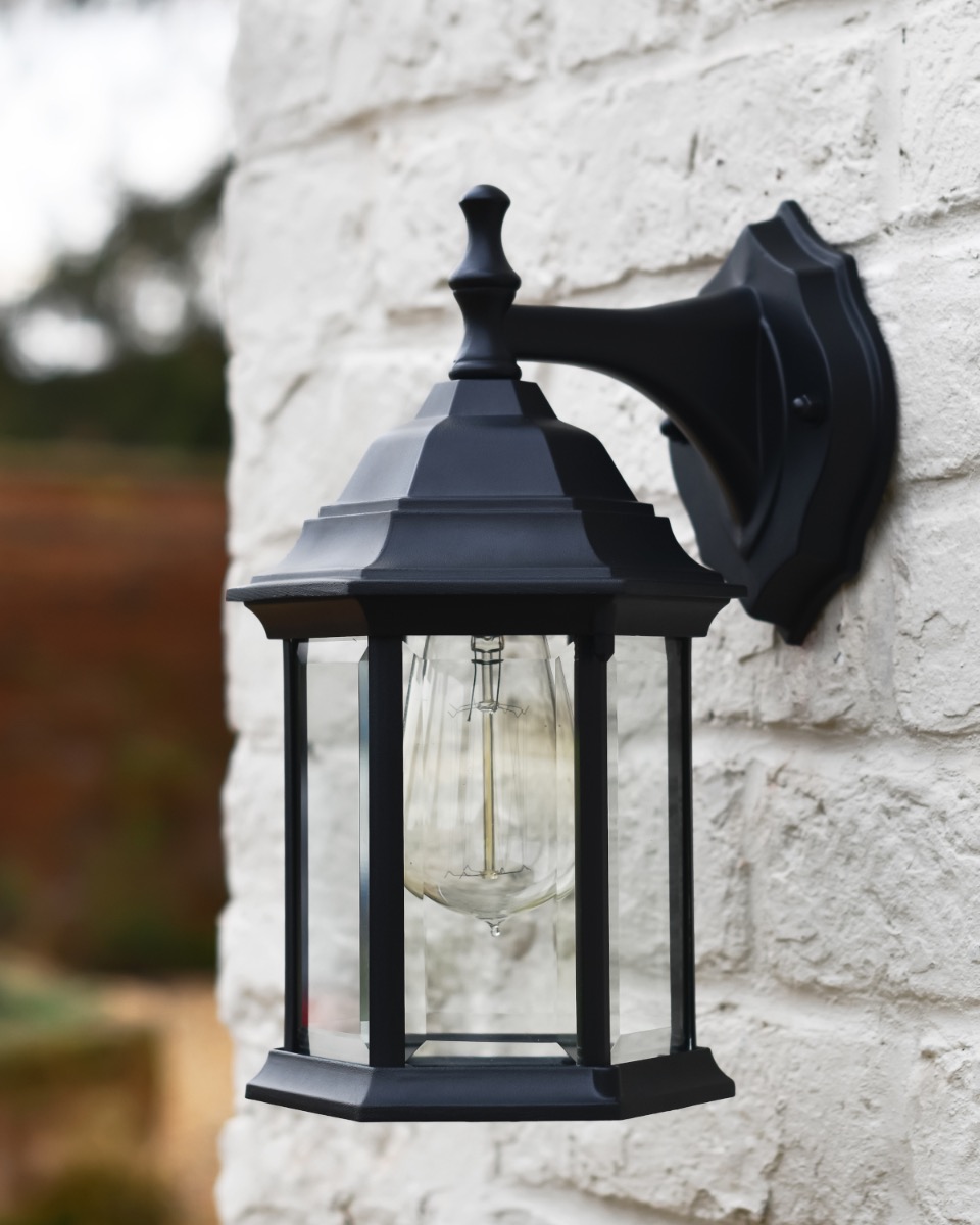 Black Hexagonal Victorian Top-Fix Wall Lantern - 36cm x 18cm