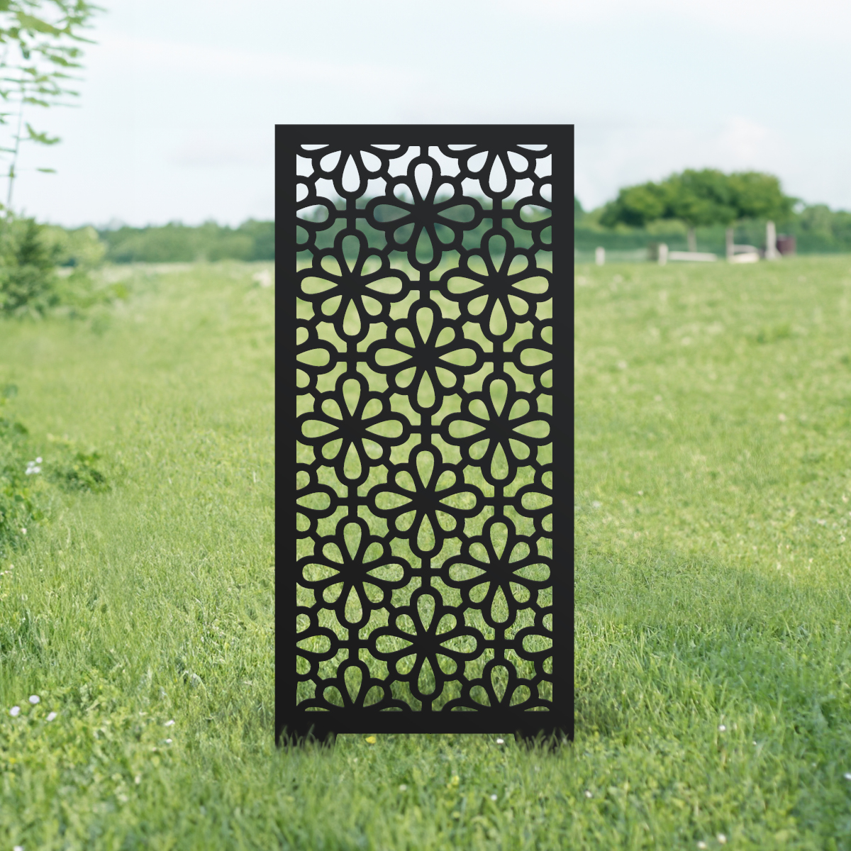 Black Symmetrical Flower Pattern Garden Screen