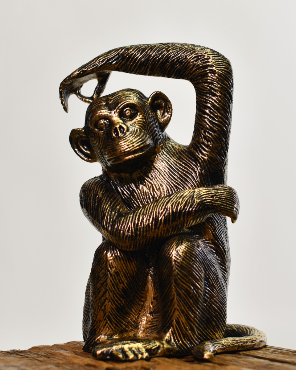 Brushed Gold Cast Aluminium Sitting Chimpanzee Sculpture