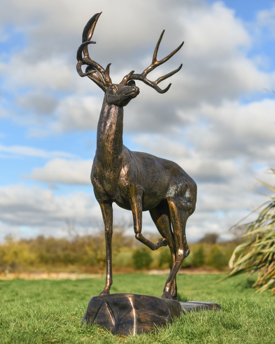 "Comet" Bronze Buck On Rock Garden Sculpture-Facing Left