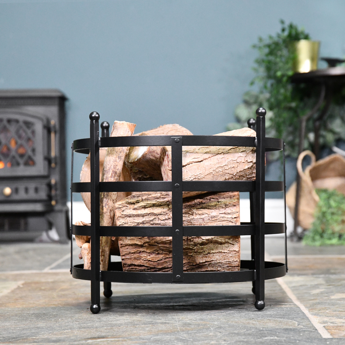 Midnight Black Basket Style Log Holder