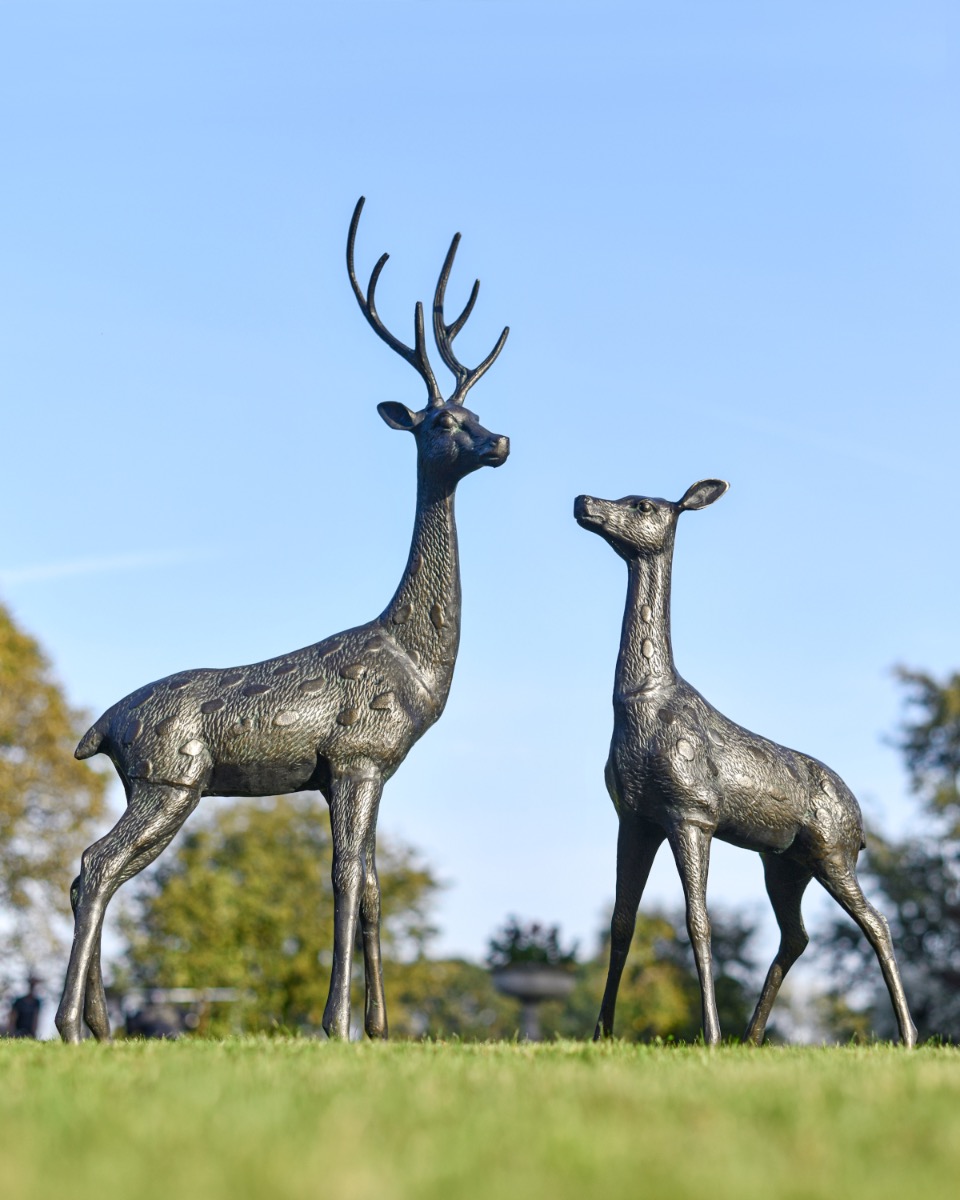 Pair of Aged Verdigris "Aspen & Bluebell" Stag & Doe Garden Sculptures