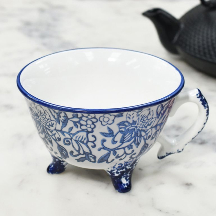 White and Blue Traditional Three Feet Tea Cup (Clearance)